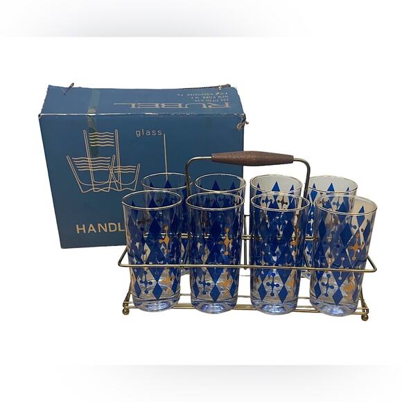 MCM Vintage Highball Glasses Blue Diamond Set of 8 With Cabby - Picture 1 of 7